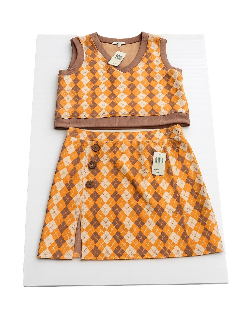 Argyle Two-Piece Crop Top & Skirt Set in Brown and Orange